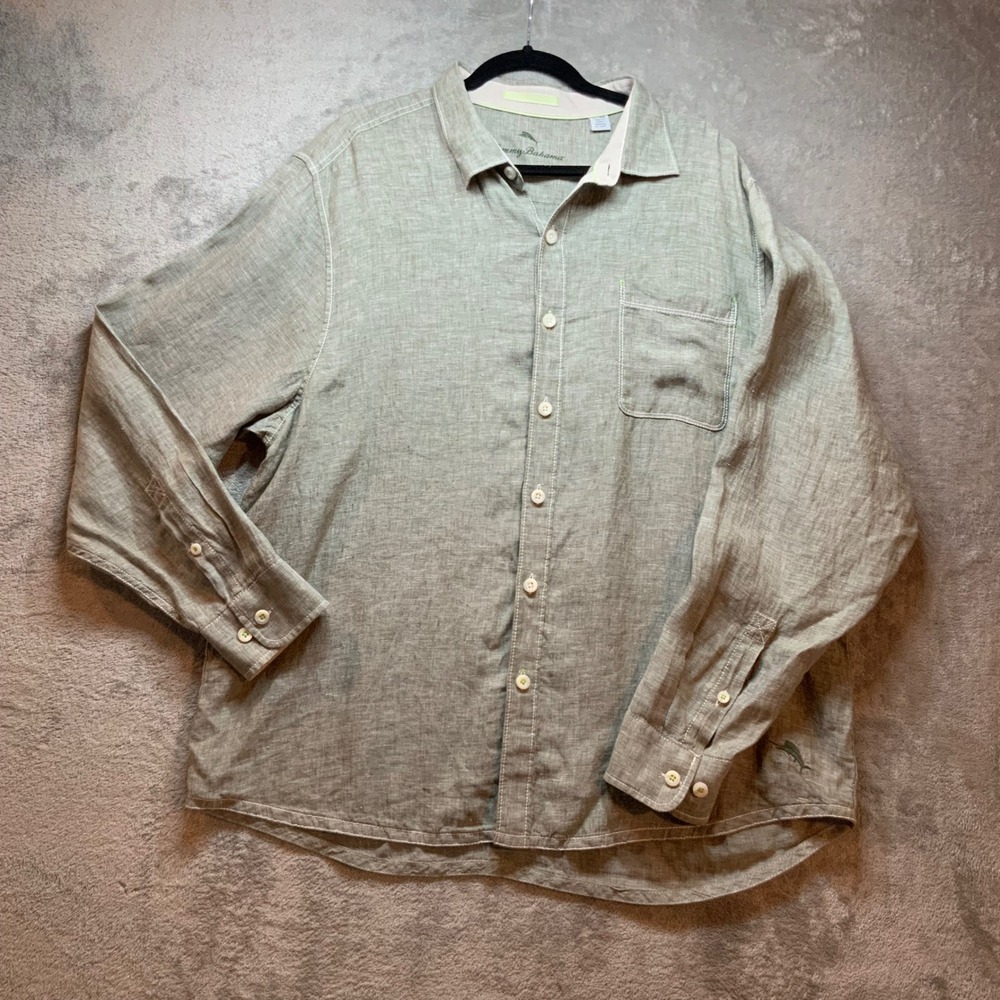 Tommy Bahama Mens XL Sage Green Linen Long Sleeve Button Down Shirt Marlin Logo